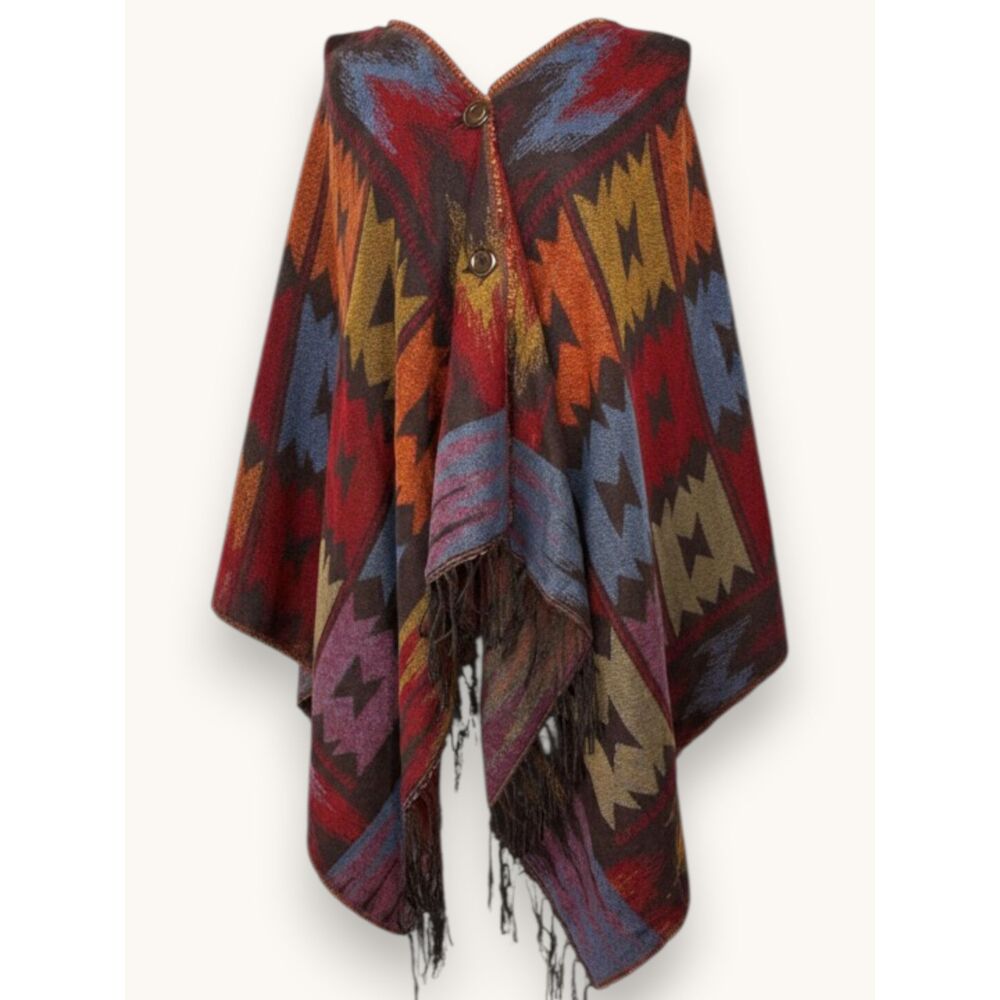 eUty Boho Hooded Cape Wrap Southwestern Geometric Fringe One Size